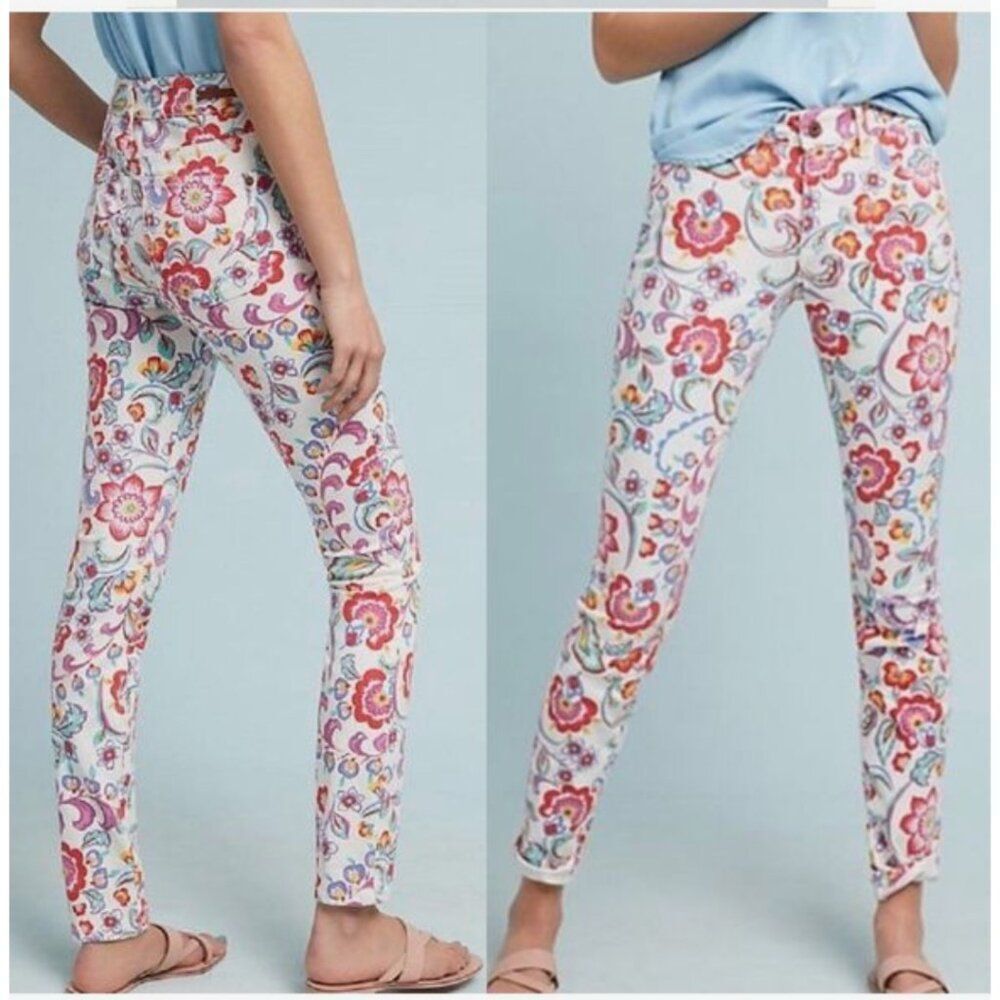 Anthropologie White Skinny Jeans with Multicolor Floral Motif